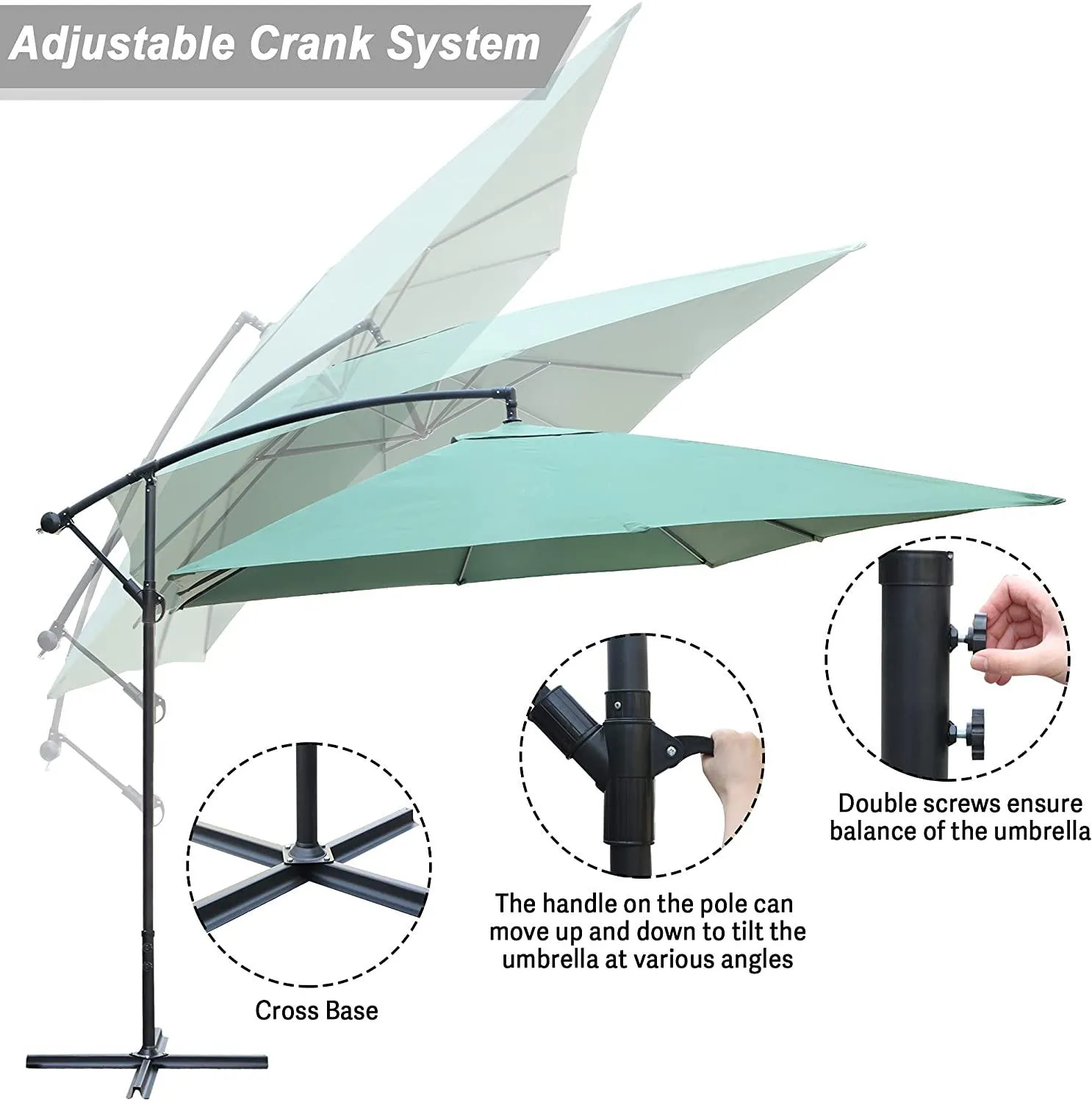 10 Ft Outdoor Offset Cantilever Hanging Patio Umbrella with Crank & Cross Base, Green