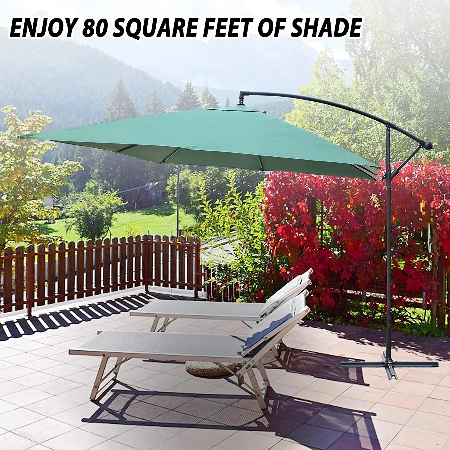 10 Ft Outdoor Offset Cantilever Hanging Patio Umbrella with Crank & Cross Base, Green