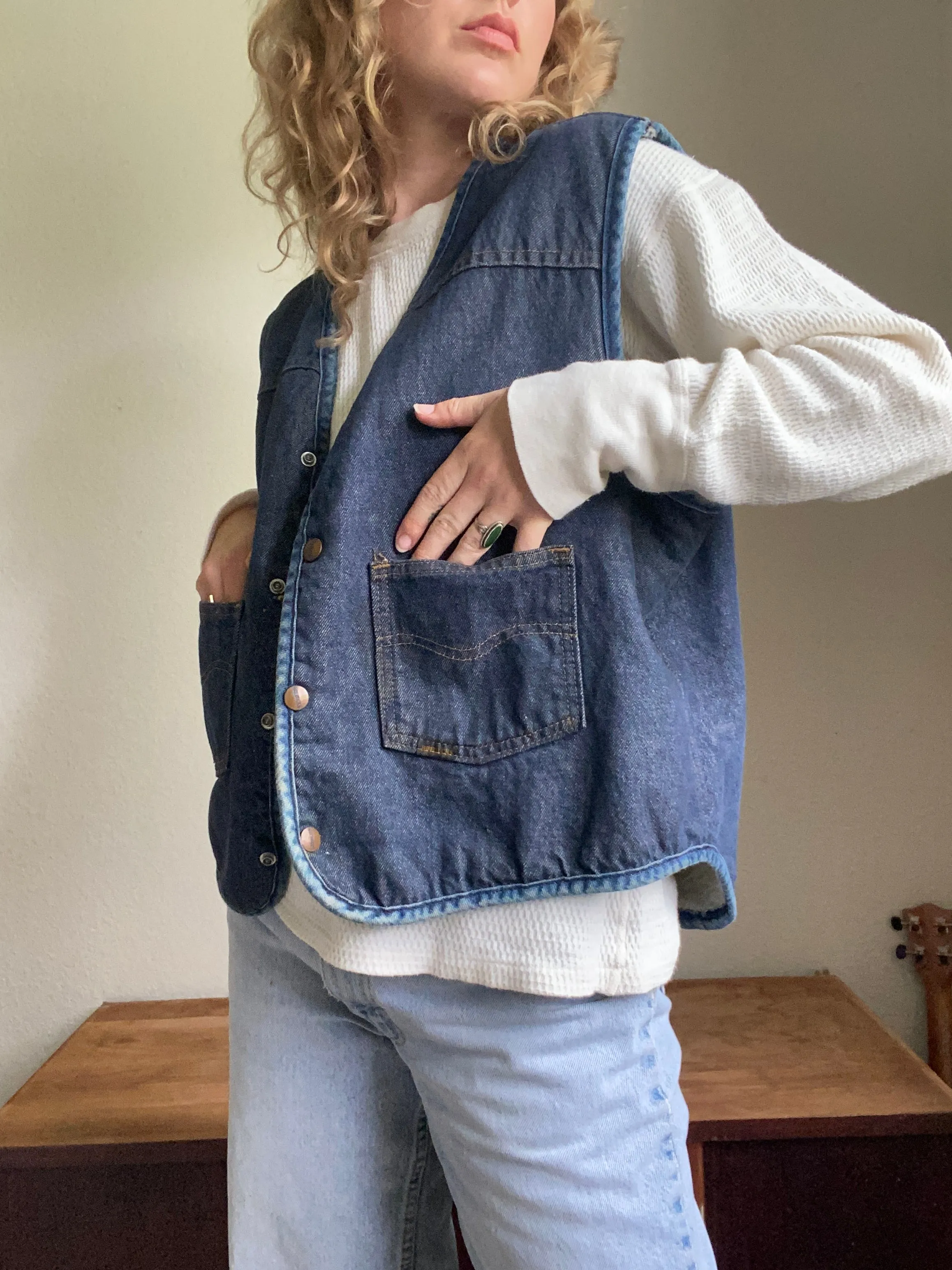 1970s Sears Roebucks fleece lined denim vest Large