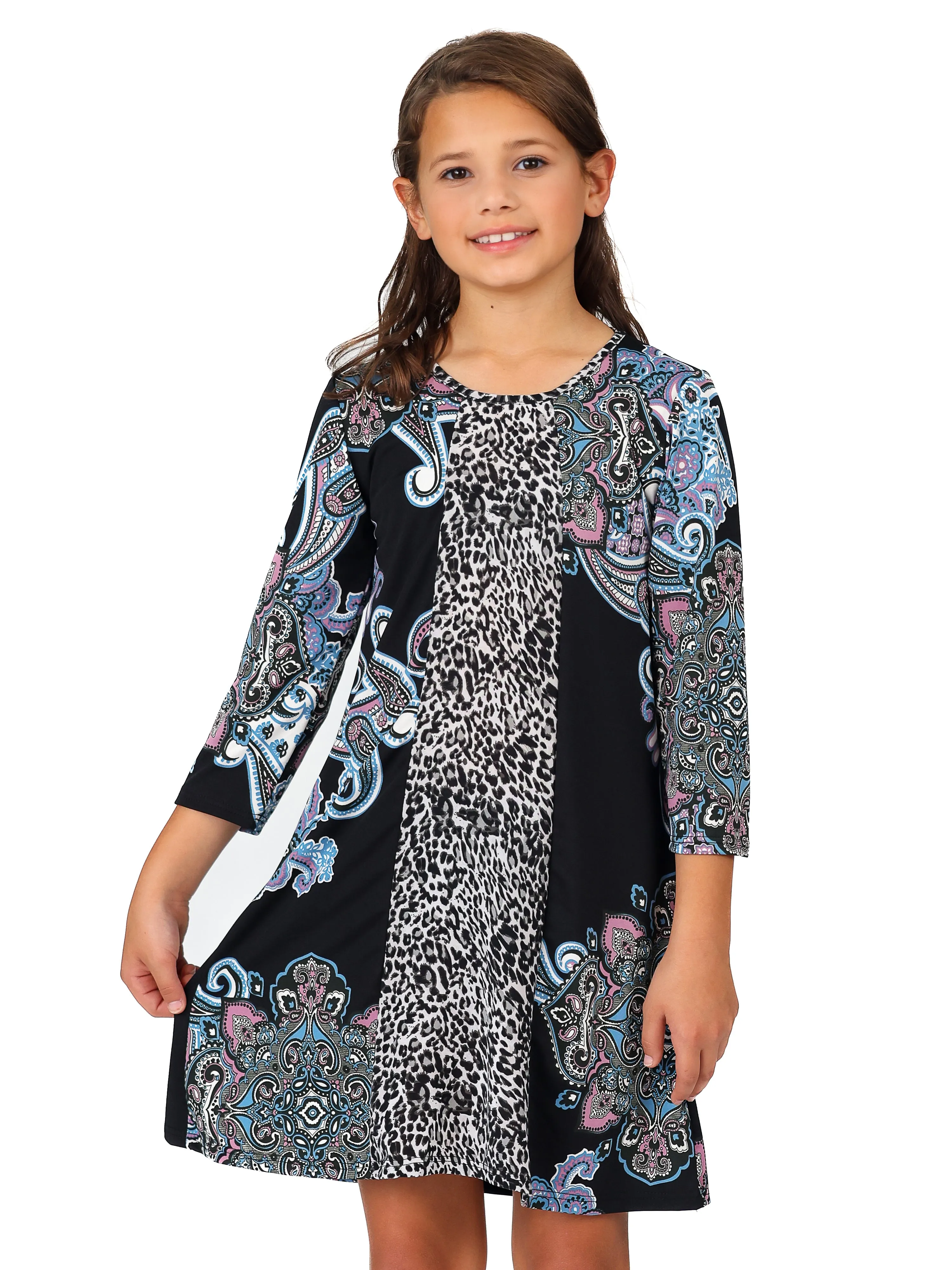 24seven Comfort Apparel Black Multiprint Knee Length Girls Fall Dress