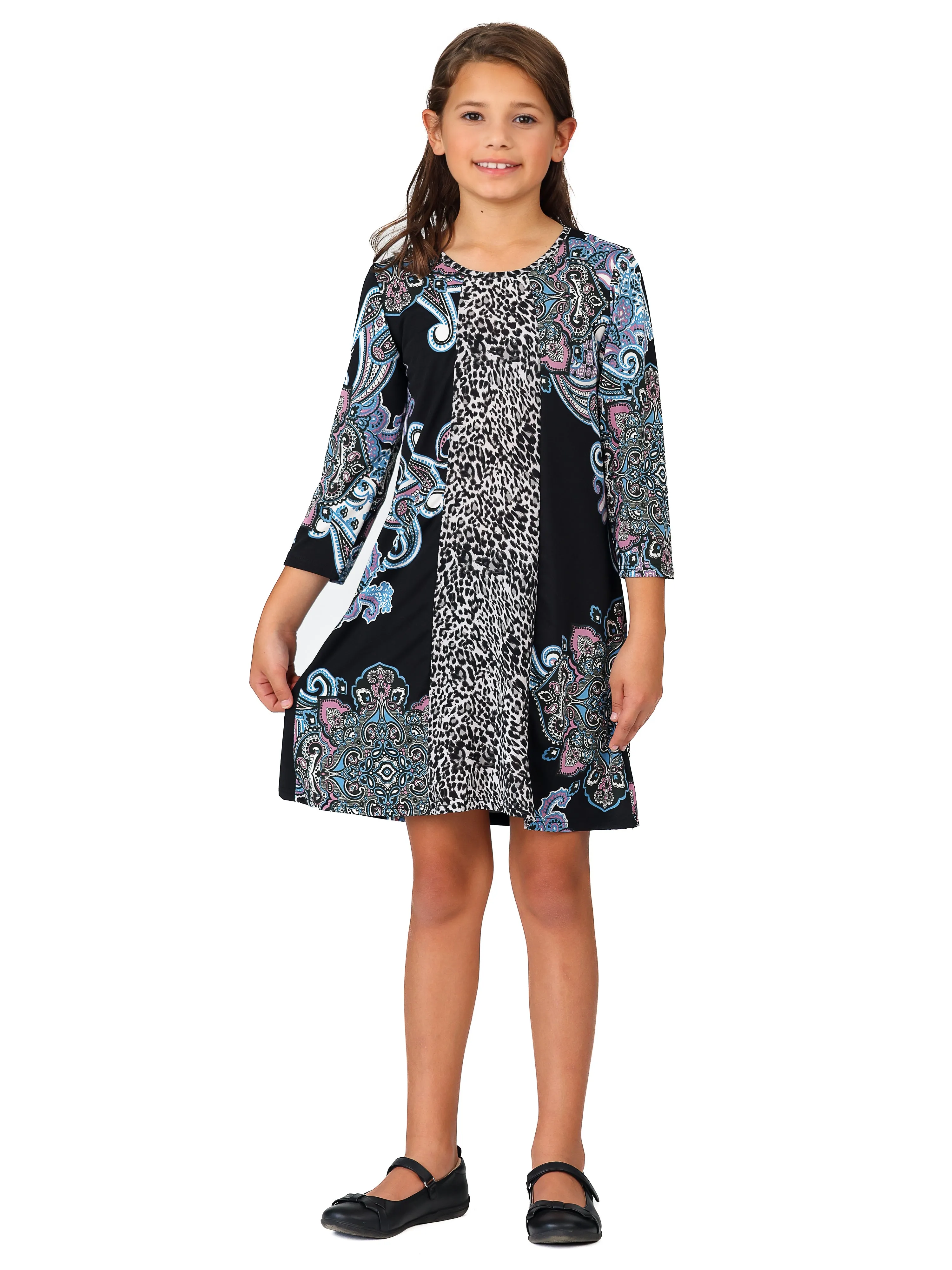 24seven Comfort Apparel Black Multiprint Knee Length Girls Fall Dress