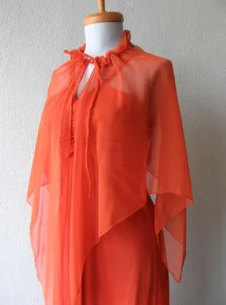 70s Women's Dress Disco Vintage 30s Style Orange Jersey Long Chiffon Cape Small to Extra Small VFG