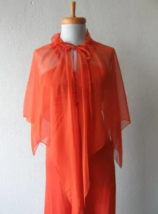 70s Women's Dress Disco Vintage 30s Style Orange Jersey Long Chiffon Cape Small to Extra Small VFG