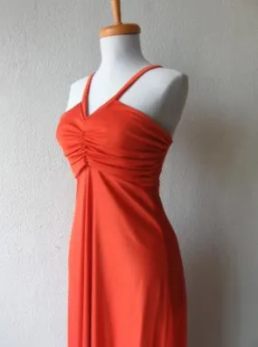 70s Women's Dress Disco Vintage 30s Style Orange Jersey Long Chiffon Cape Small to Extra Small VFG