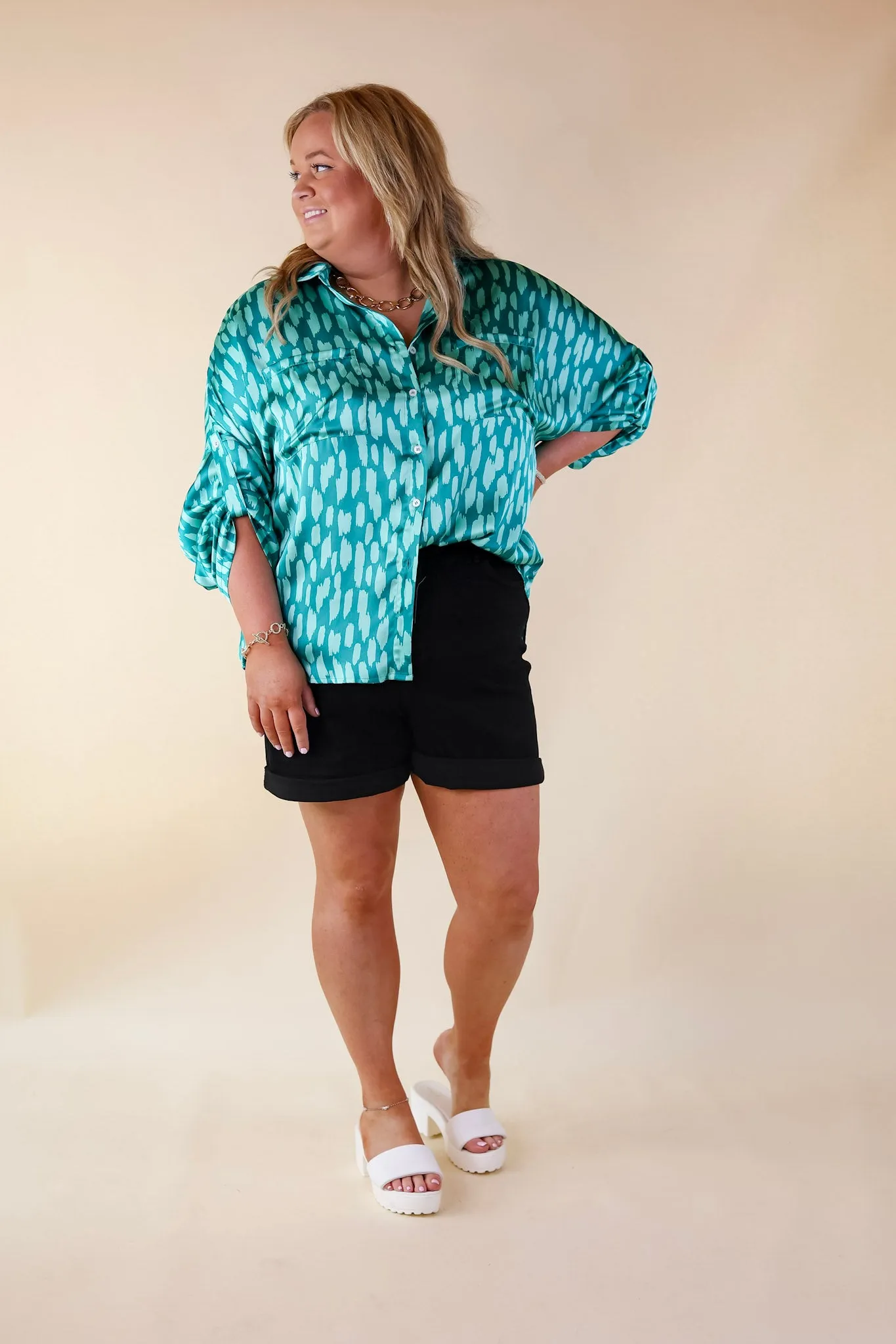 A Perfect Day Button Up Poncho Top in Teal Green Mix