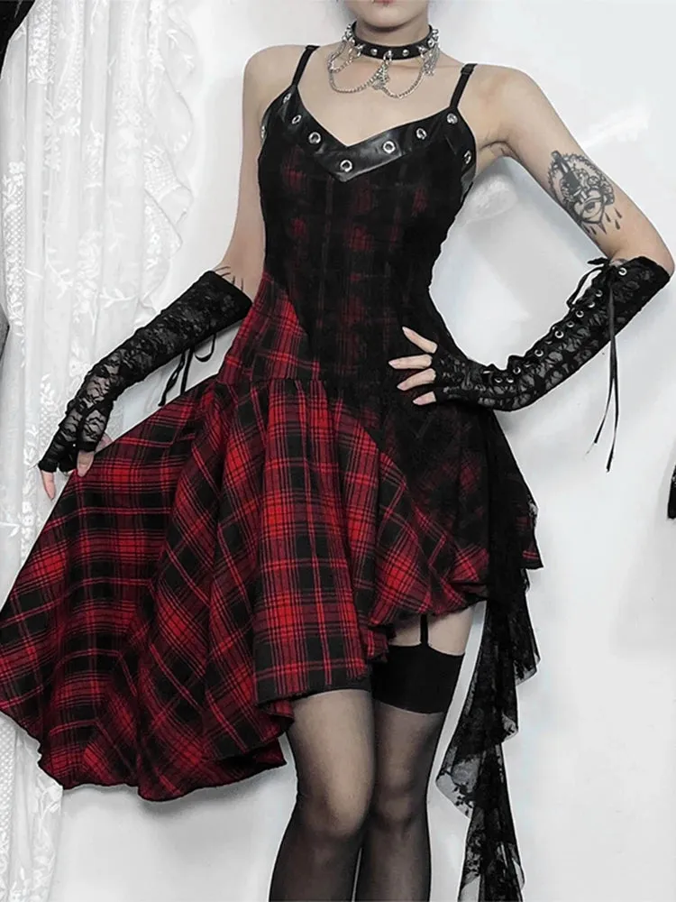 AltGoth Streetwear Punk Red Plaid Dress Women Dark Gothic Black Mesh Patchwork High Waist Irregular Hem Dress Cyber Y2k Dresses