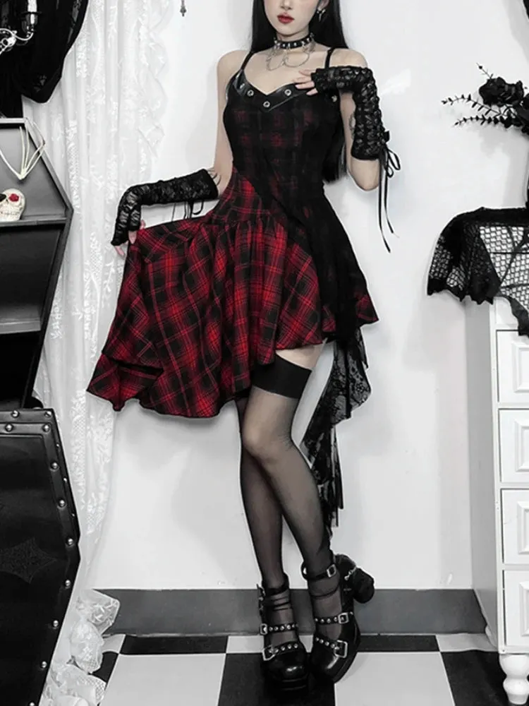 AltGoth Streetwear Punk Red Plaid Dress Women Dark Gothic Black Mesh Patchwork High Waist Irregular Hem Dress Cyber Y2k Dresses