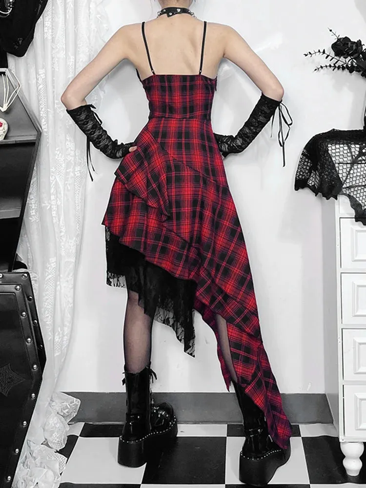 AltGoth Y2k Cyber Punk Red Plaid Dress Women Dark Gothic Streetwear Harajuku Coquette Spaghetti Strap High Waist Corset Dresses