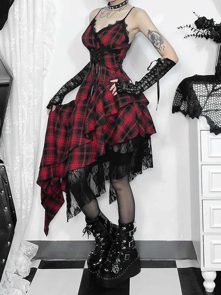 AltGoth Y2k Cyber Punk Red Plaid Dress Women Dark Gothic Streetwear Harajuku Coquette Spaghetti Strap High Waist Corset Dresses