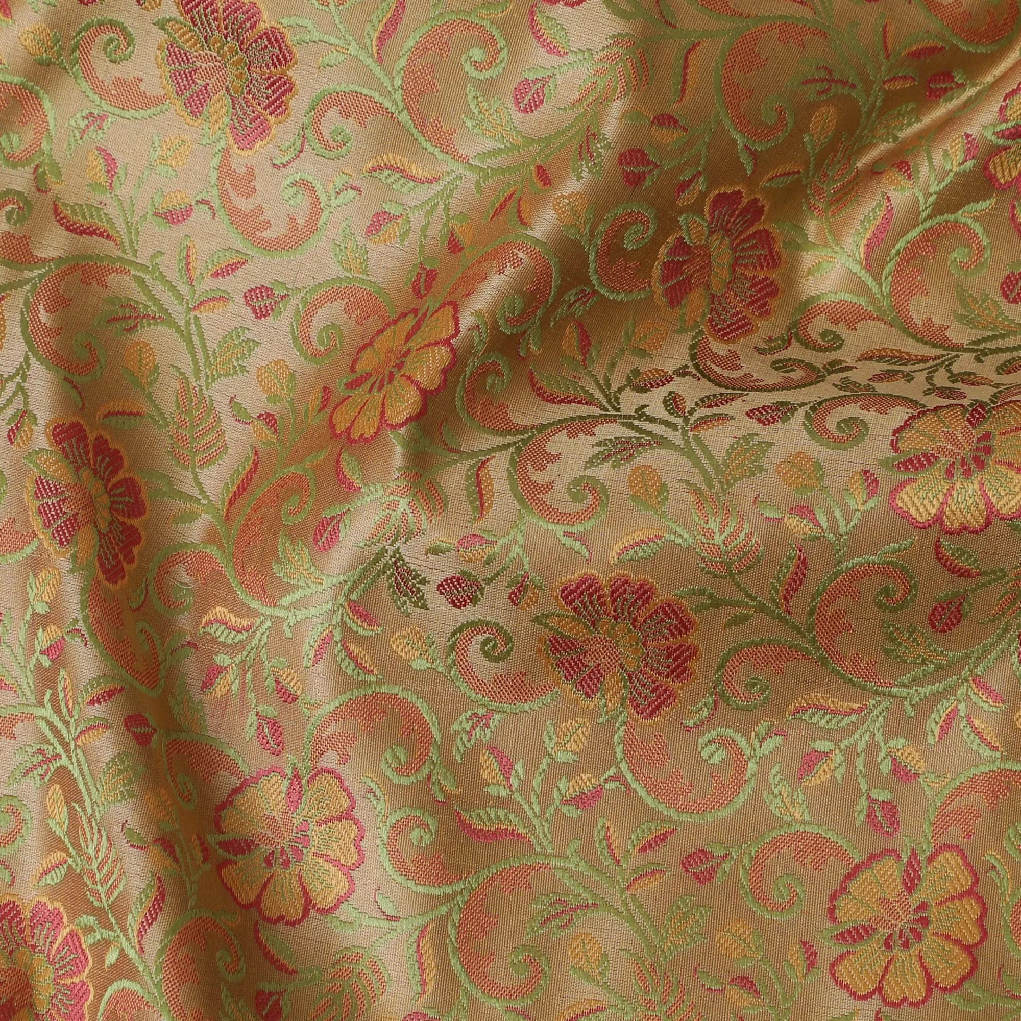 Antique Gold Florals Brocade Fabric – Woven Splendor from India-D19045