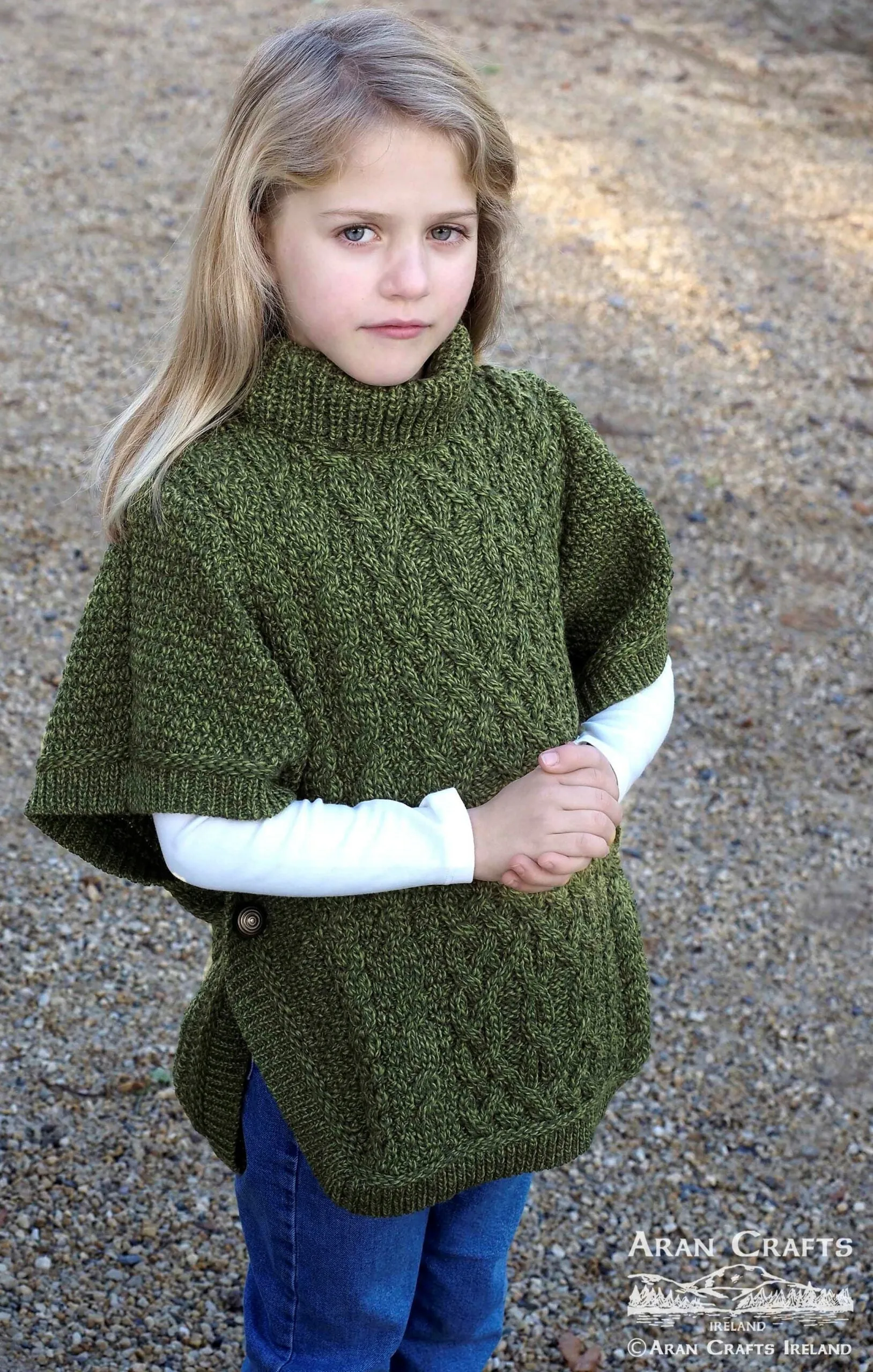 Aran Kids Poncho | Green