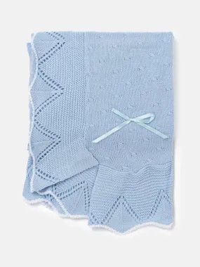 Baby Spanish Ribbon Bow and Dot Knitted Shawl -Baby Blue