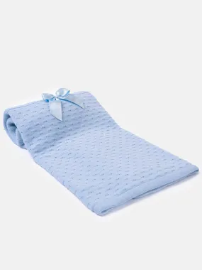 Baby Waffle Knitted Blanket with Satin Bow - Blue