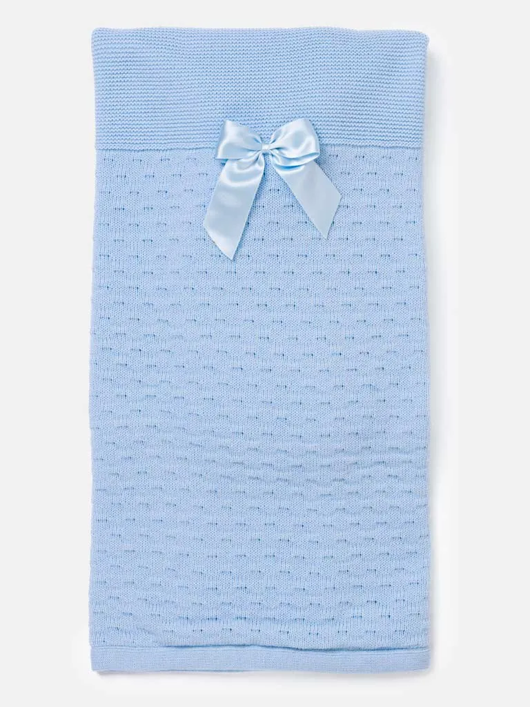 Baby Waffle Knitted Blanket with Satin Bow - Blue