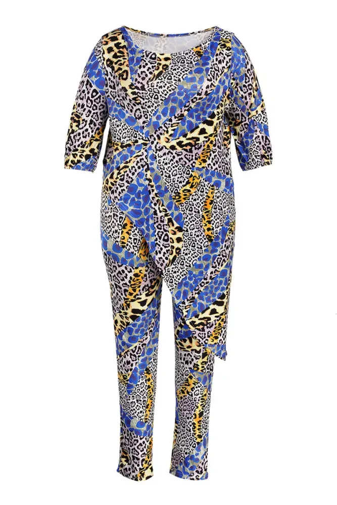 Beautiful Plus Blue Multicolor Animal Print 2pc Tunic Top & Pant Set