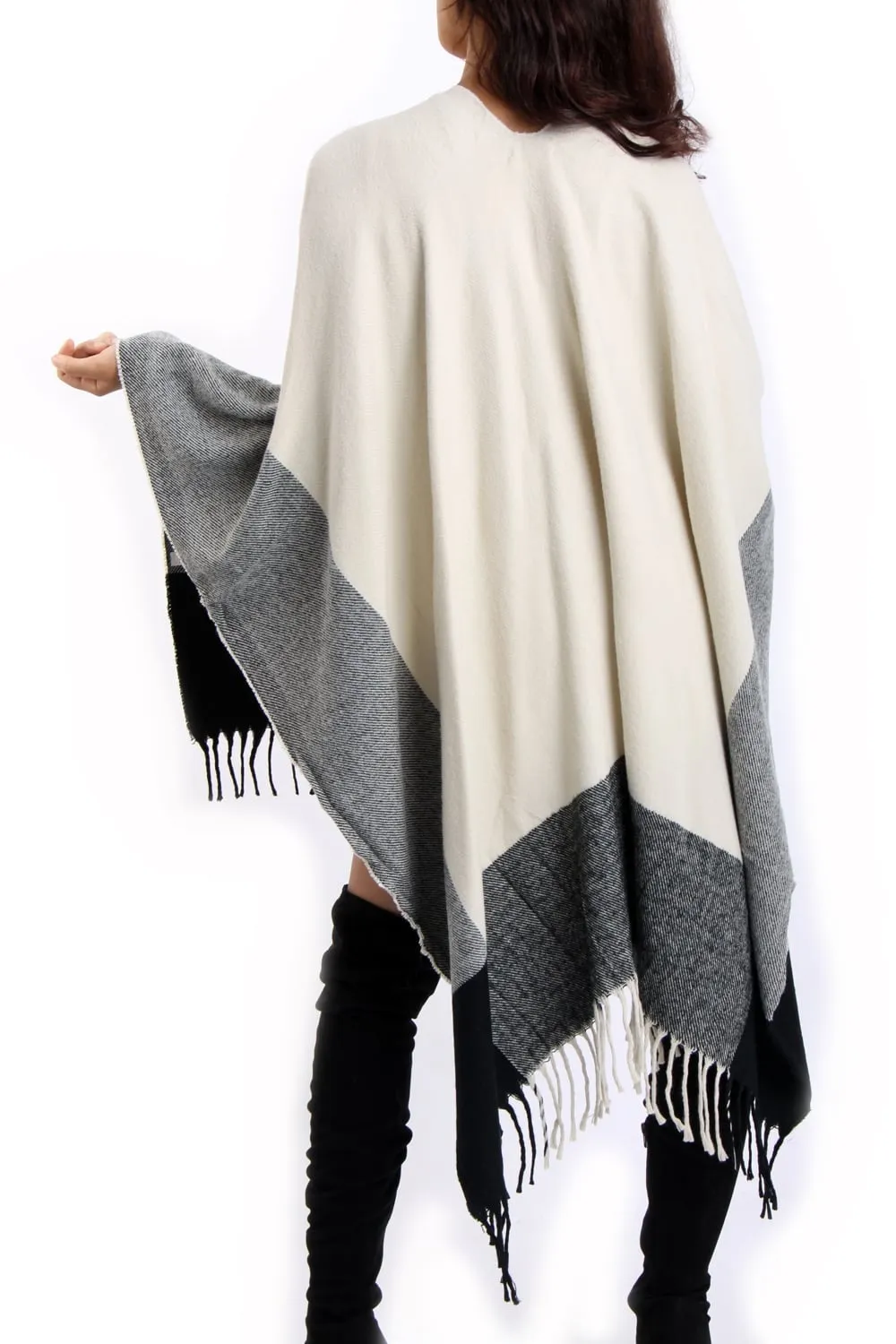 Beige Stripe Blanket Cape with Tassels