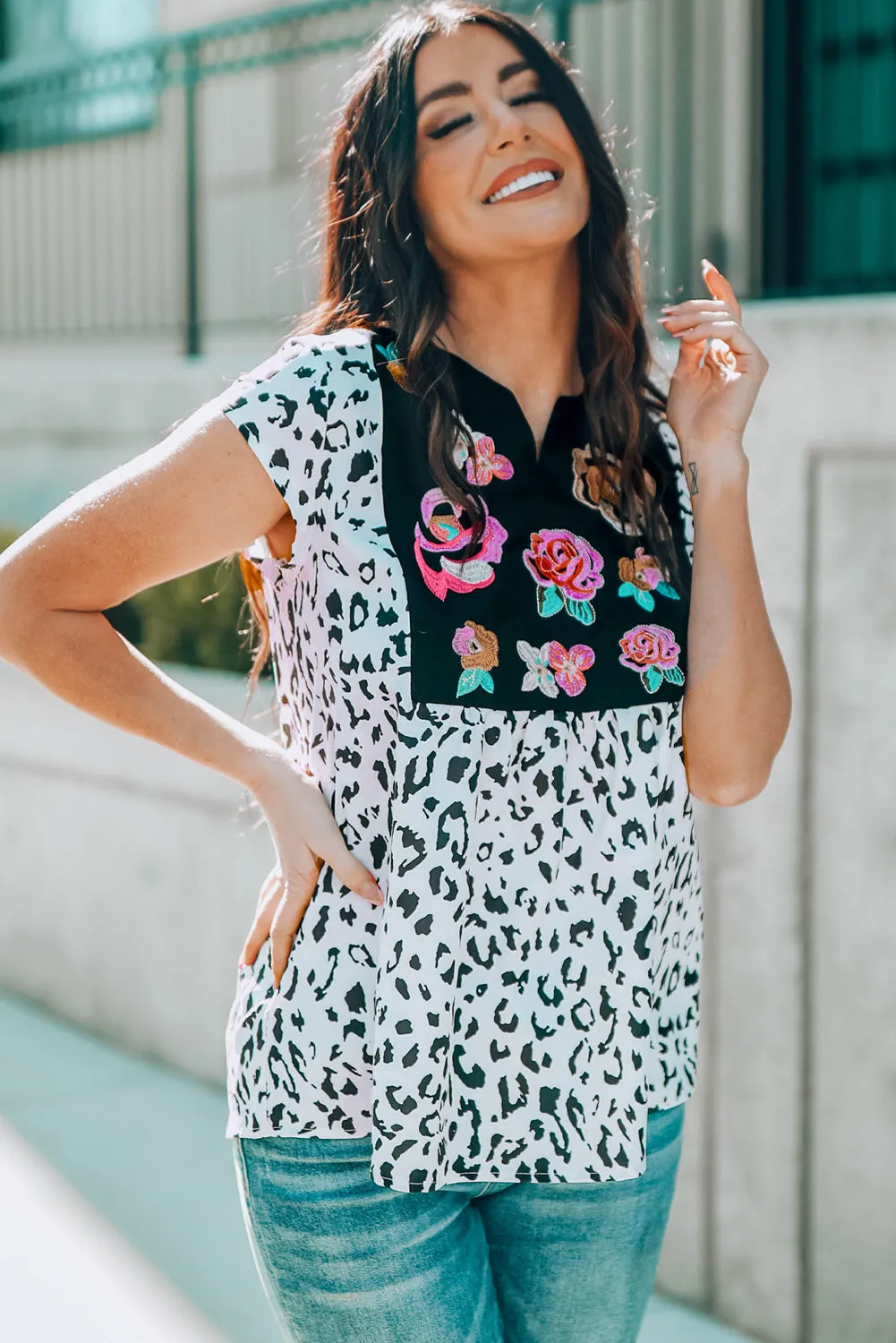 Black & White Animal Print Flower Embroidered Tunic Short Sleeve Top