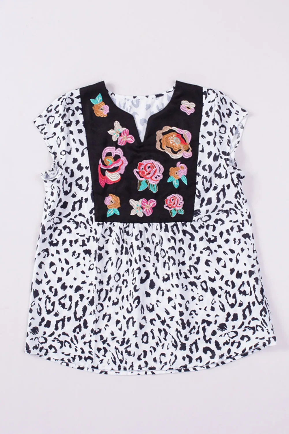 Black & White Animal Print Flower Embroidered Tunic Short Sleeve Top