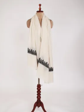 Black and White Kashmiri Embroidered Bulky Wool Shawl