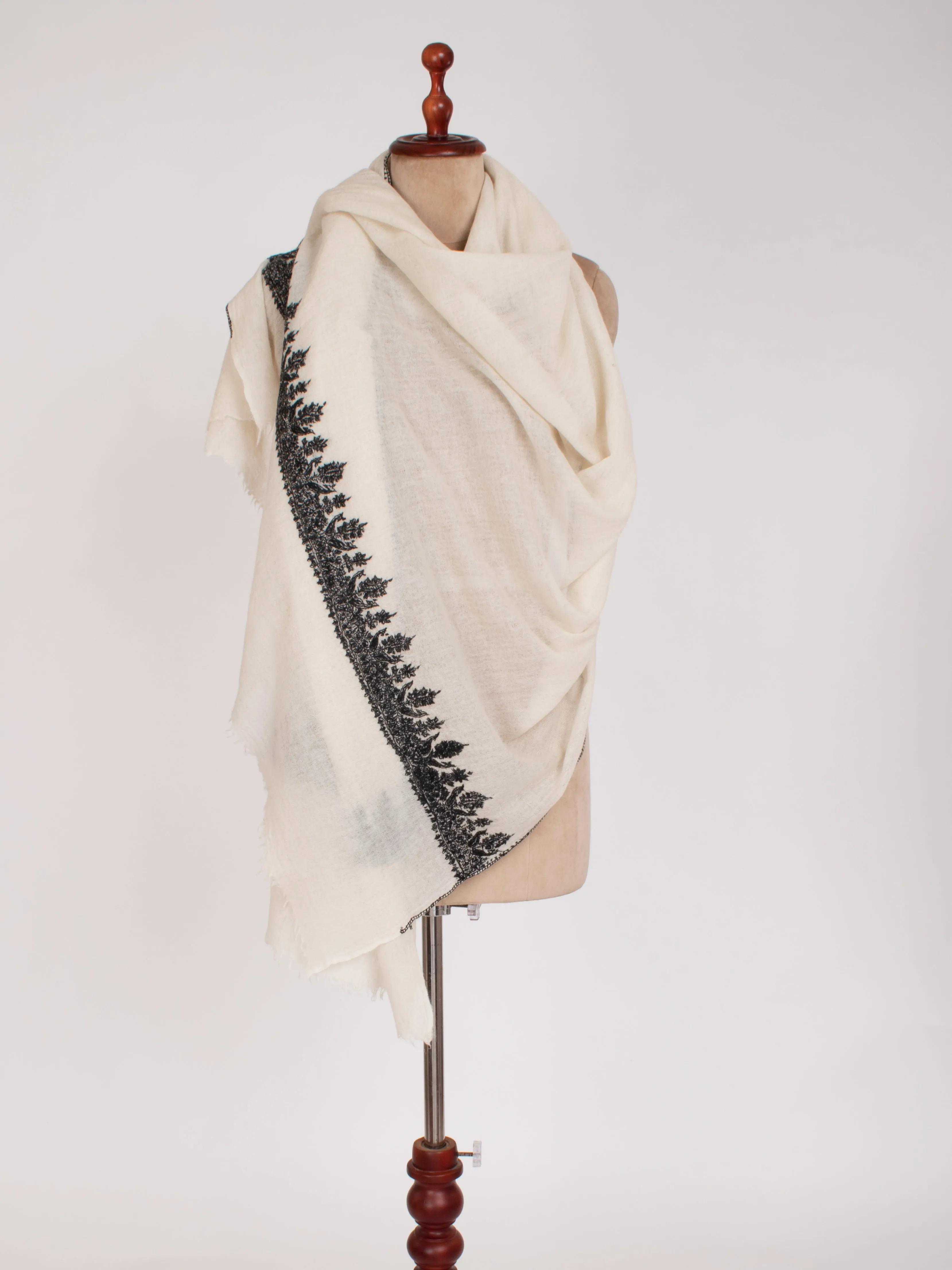 Black and White Kashmiri Embroidered Bulky Wool Shawl