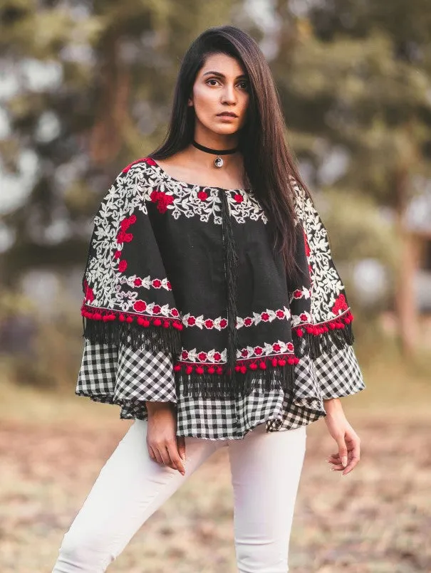 Black Circular Embroidered Khadi Poncho With Checks