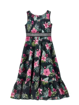 Black Jungle Flower Print Midi Dress