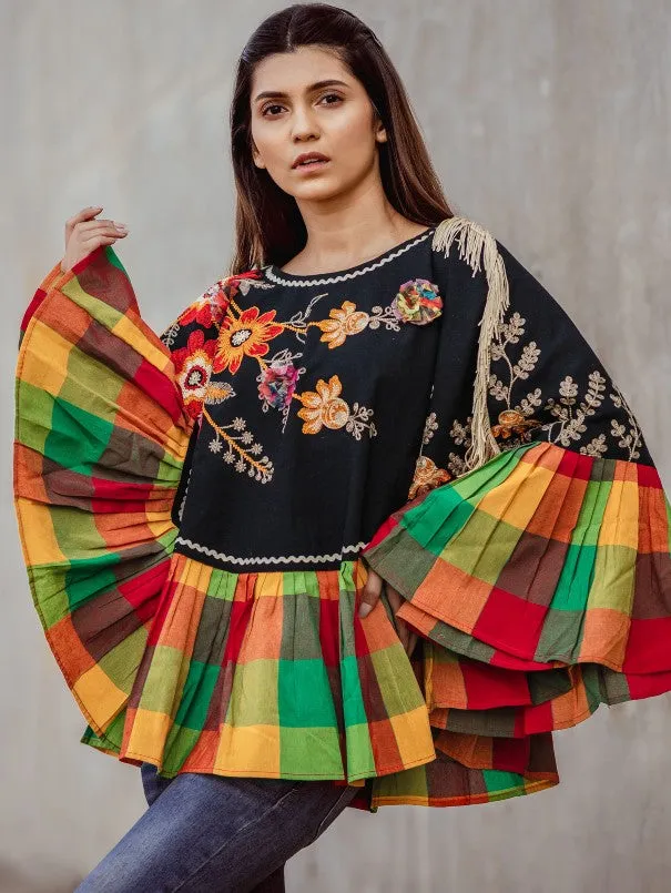 Black Shoulder Khadi Circular Embroidered Poncho