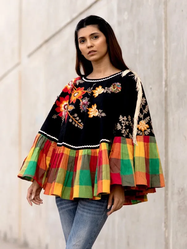 Black Shoulder Khadi Circular Embroidered Poncho