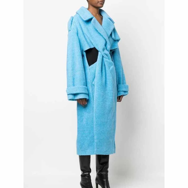 Blue Hollowed and twisted waist slender long warm coat for women