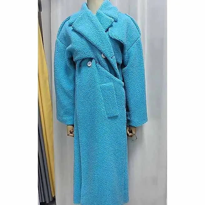 Blue Hollowed and twisted waist slender long warm coat for women