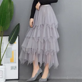 Bohemian Skirt Fashion Irregular Tulle Skirt Solid Color Streetwear High Waist Midi Mesh New Skirt