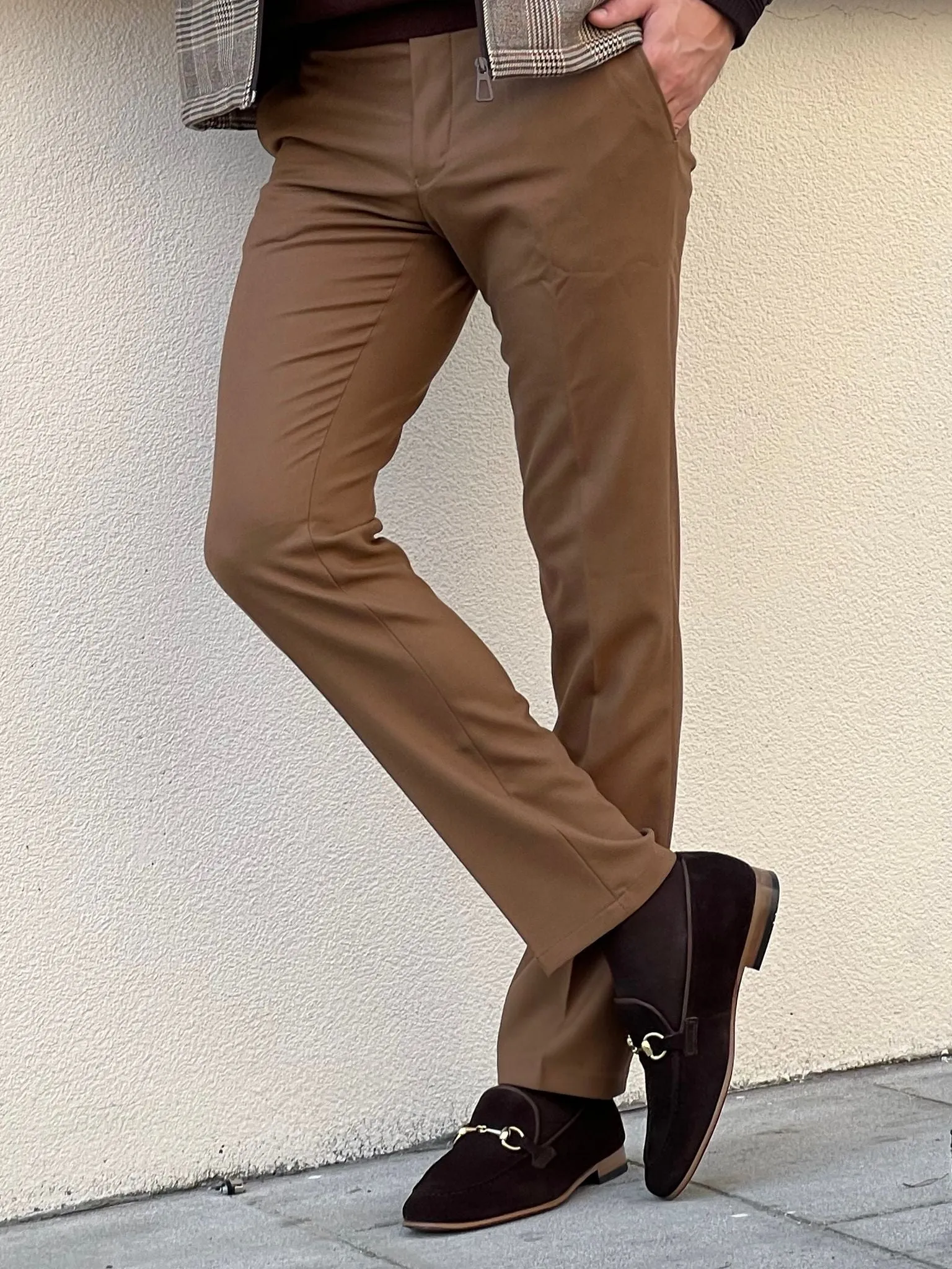 Bojoni Astoria Slim Fit High Quality  Patterned Camel Pants