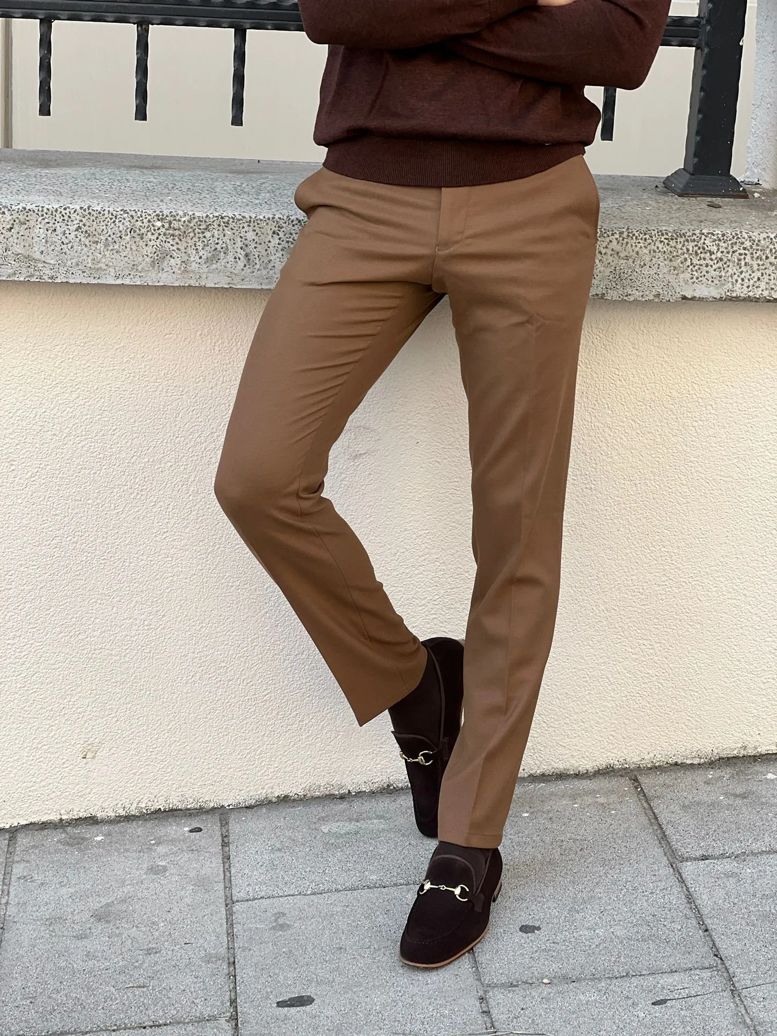 Bojoni Astoria Slim Fit High Quality  Patterned Camel Pants