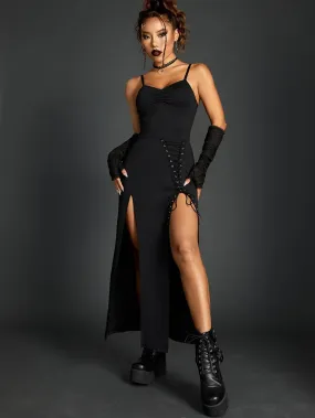 Bold Shade Punk Gothic High Split Sexy Midi Dress Grunge Ruched Sling Bandage Slim Backless Club Dress