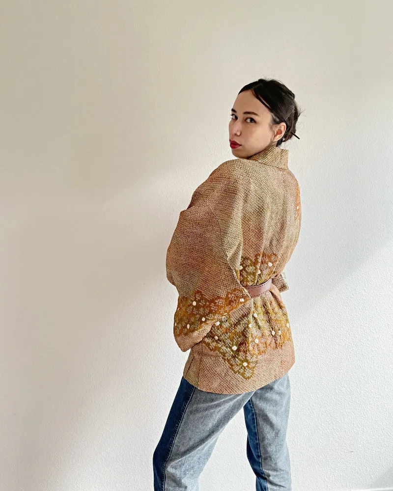 Bronze Orange Shibori Haori Kimono Jacket