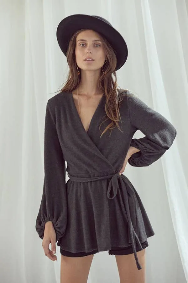 Bubble Sleeve Wrap Tunic - Charcoal