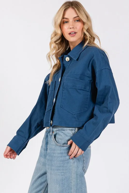 Button Down Cropped Denim Jacket with Patch Pockets