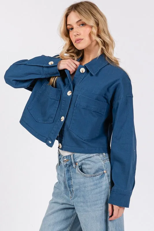 Button Down Cropped Denim Jacket with Patch Pockets