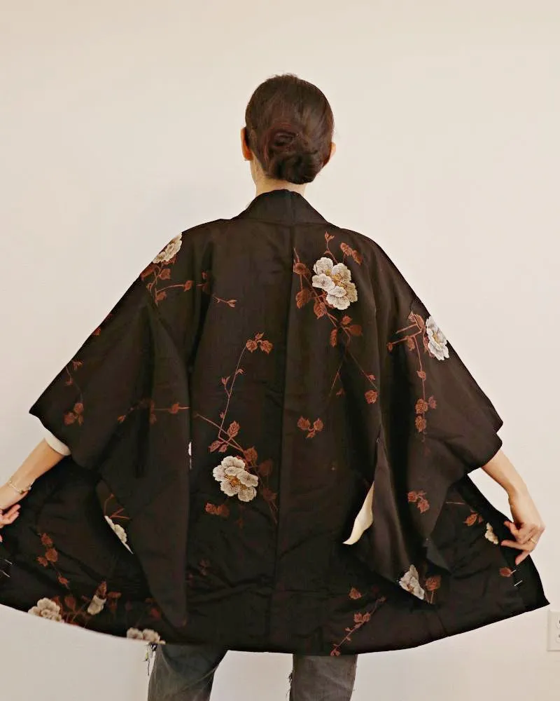 Camellia Blossoms on the Vine Black Haori Kimono Jacket