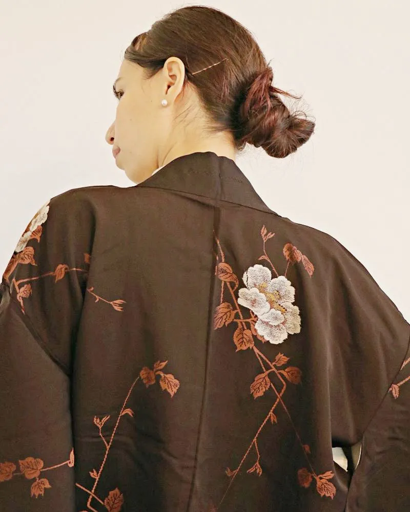 Camellia Blossoms on the Vine Black Haori Kimono Jacket