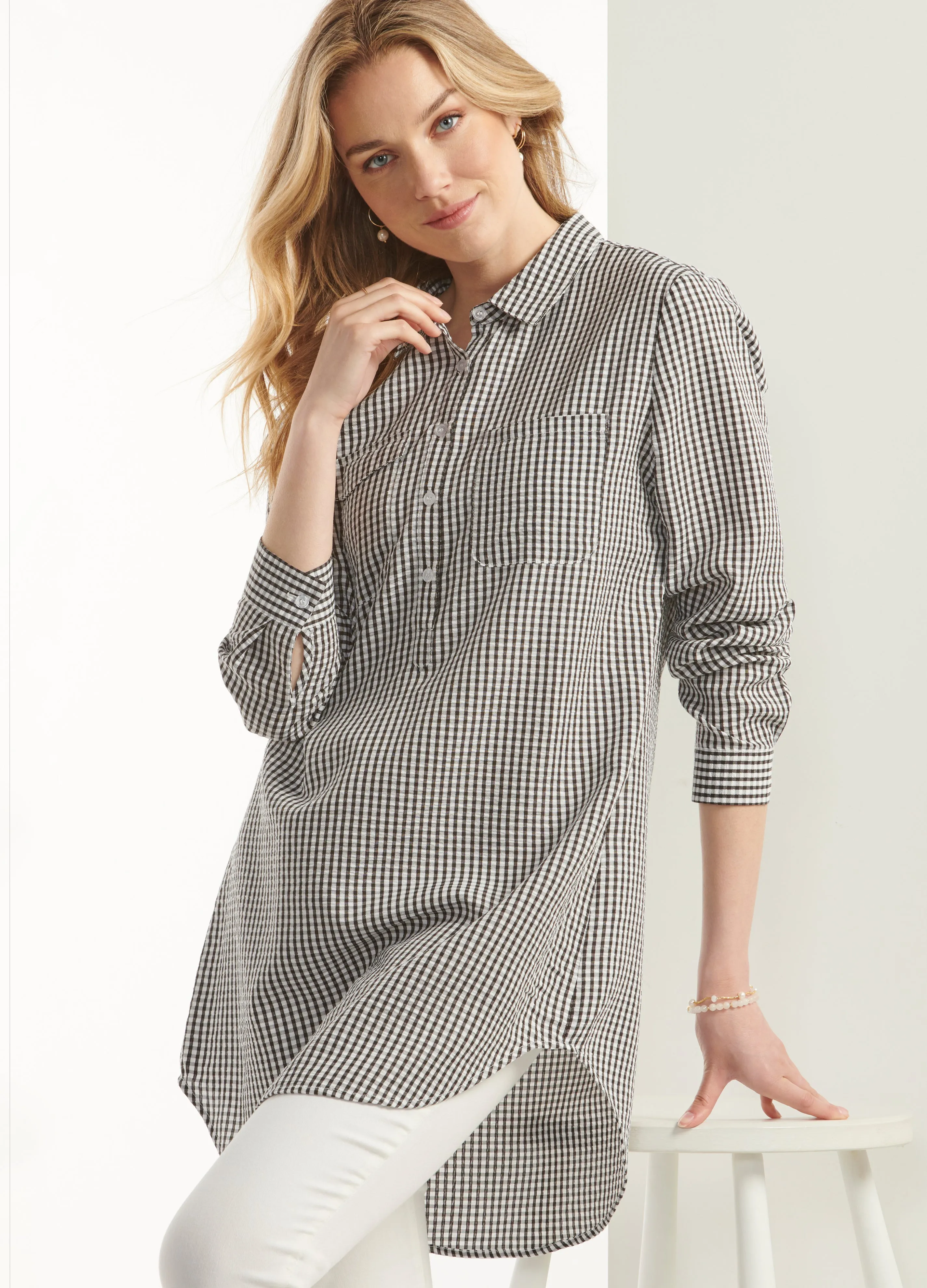 Charlie Paige Seersucker Button Up Tunic