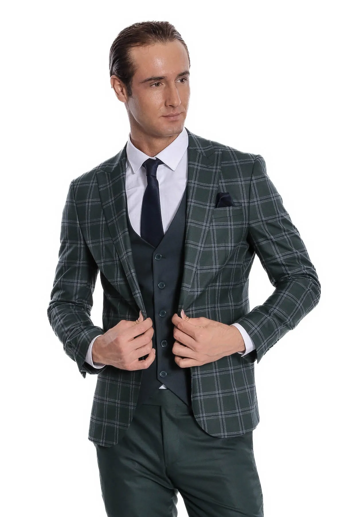 Checked Patterned Slim Fit Green Men Suit - Wessi