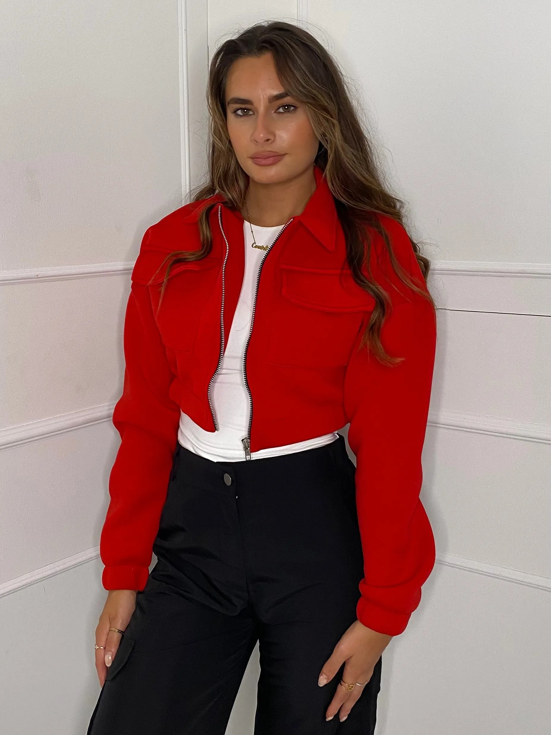 Collar Pocket Detail Cropped Jacket - Red