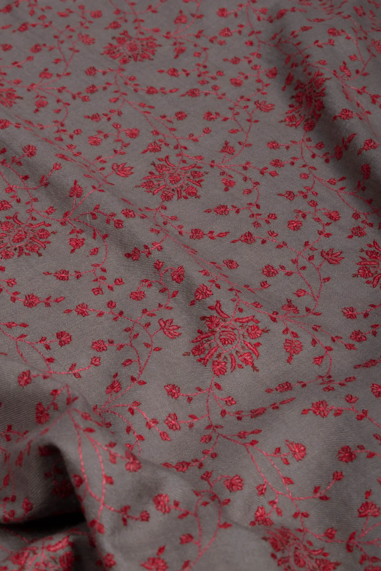 Crimson Red Sozni Embroidered on Gray Pashmina Shawl - CONGLETON