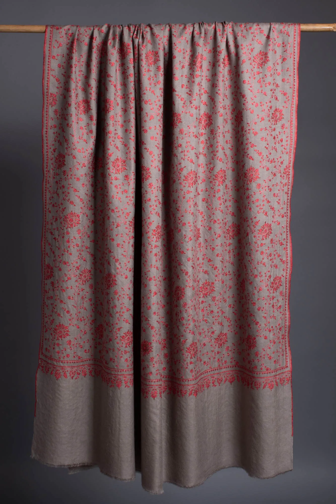 Crimson Red Sozni Embroidered on Gray Pashmina Shawl - CONGLETON