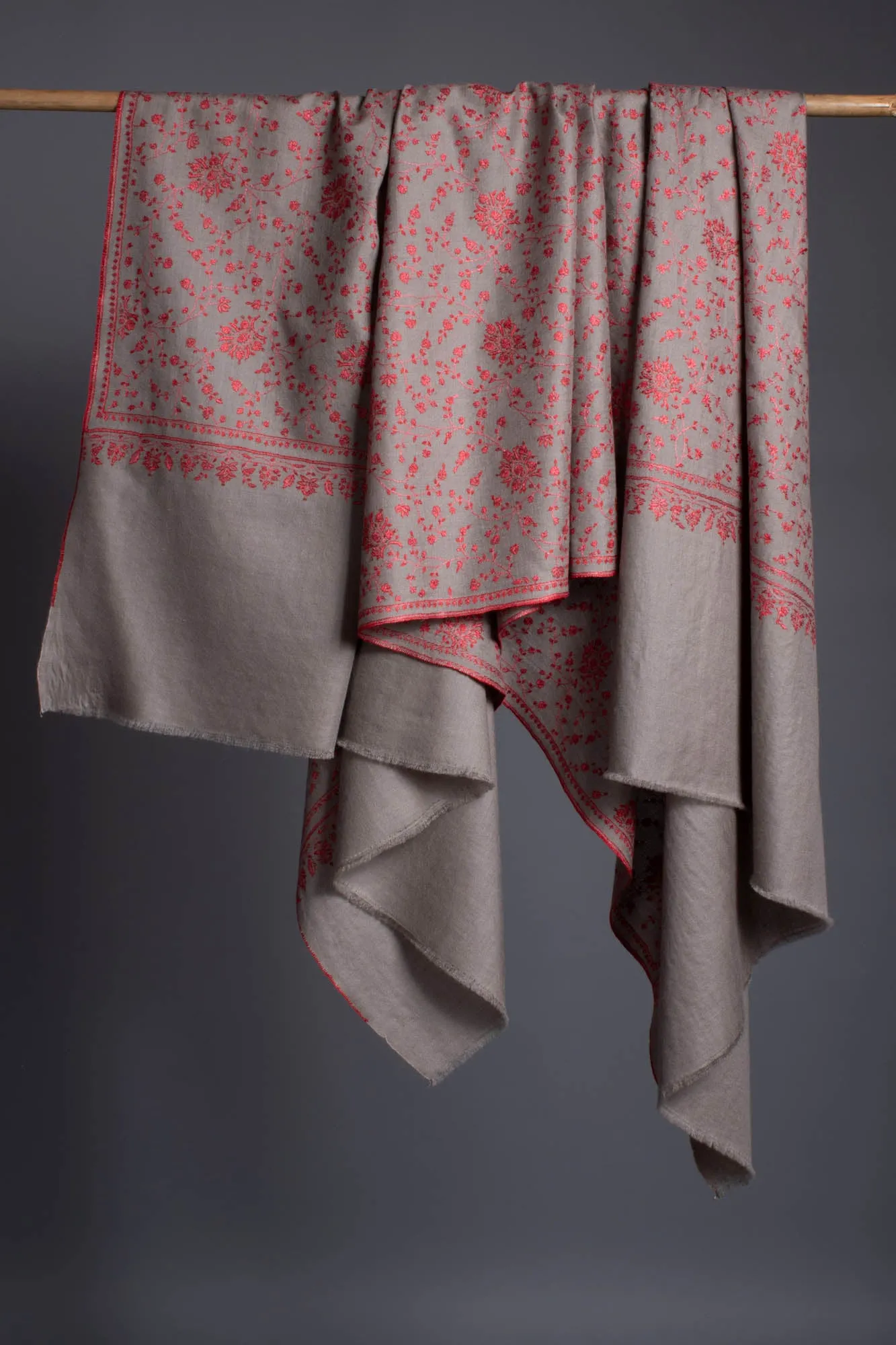 Crimson Red Sozni Embroidered on Gray Pashmina Shawl - CONGLETON