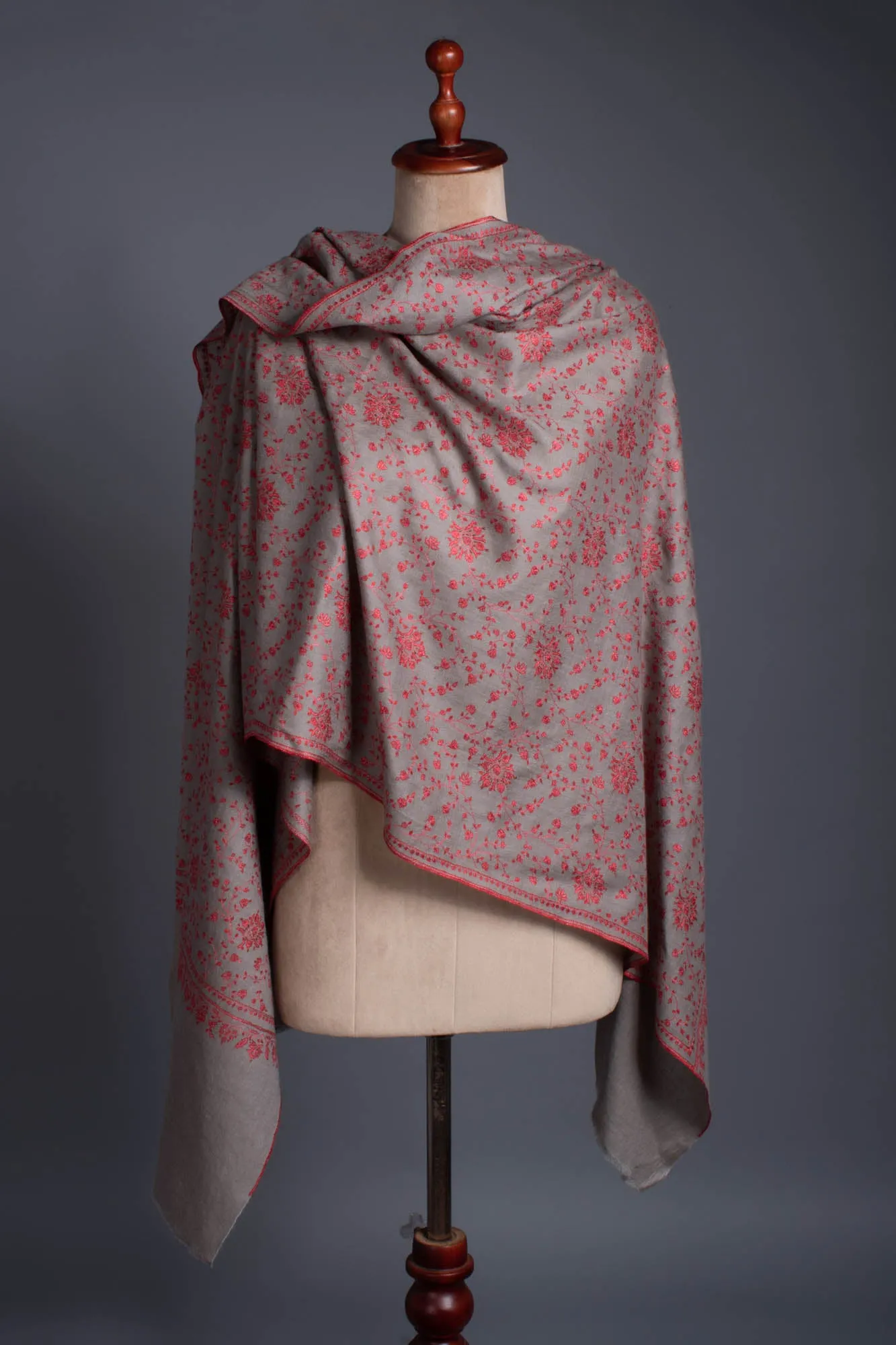 Crimson Red Sozni Embroidered on Gray Pashmina Shawl - CONGLETON