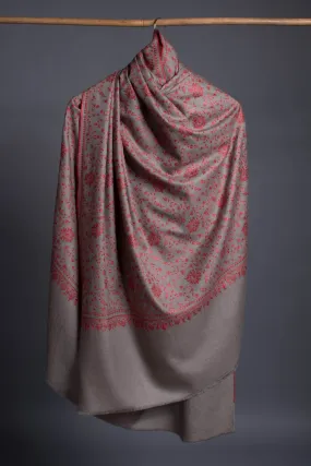 Crimson Red Sozni Embroidered on Gray Pashmina Shawl - CONGLETON