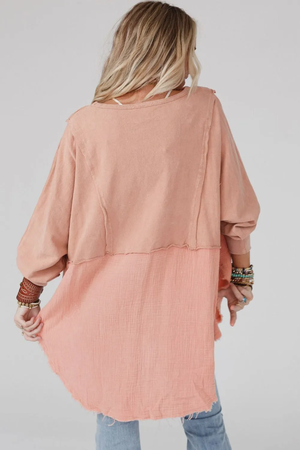 Crinkle Splicing Raw Hem High Low Oversized Tunic