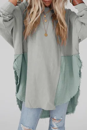 Crinkle Splicing Raw Hem High Low Oversized Tunic